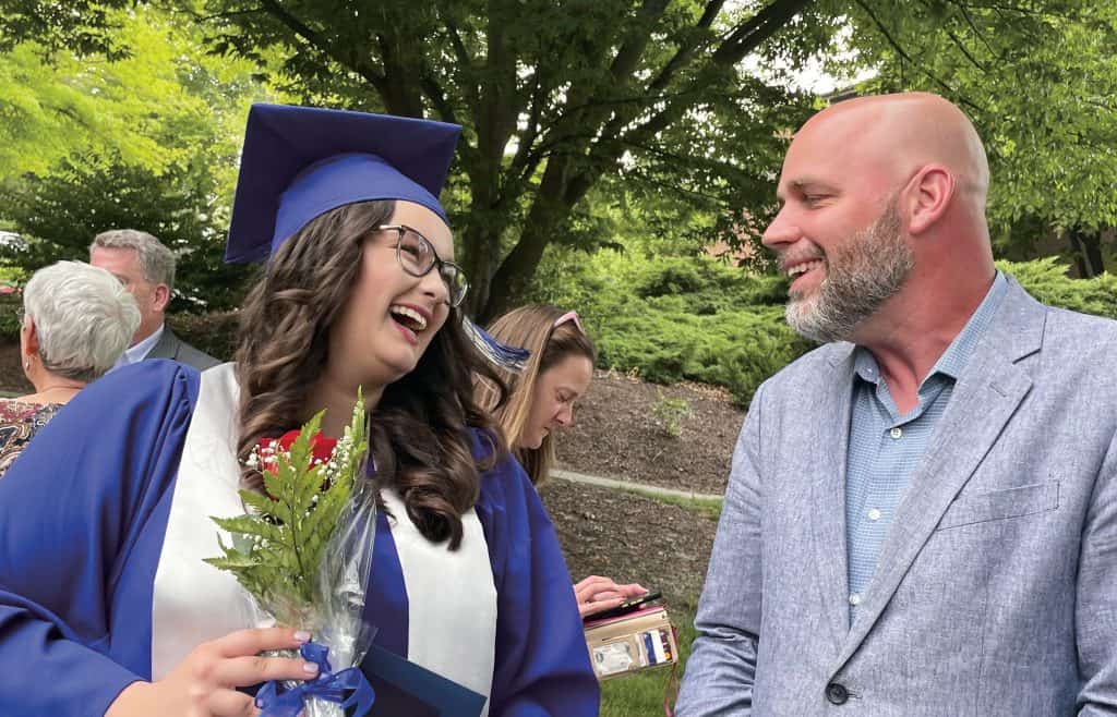 Abby Garber with Bible teacher Benjamin Bixler. Garber will attend Wellesley College this fall and pursue a major in political science with a minor in religious studies. Photo courtesy Amanda Miller Garber